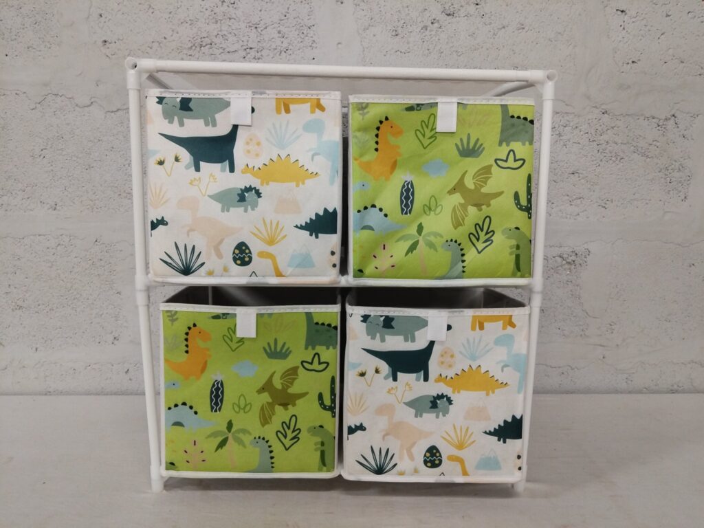 Children’s 4‑Bin Fabric Storage Organiser — White Tubular Frame, Dinosaur Print, 53 x 31 x 58 cm (dent to top tube)