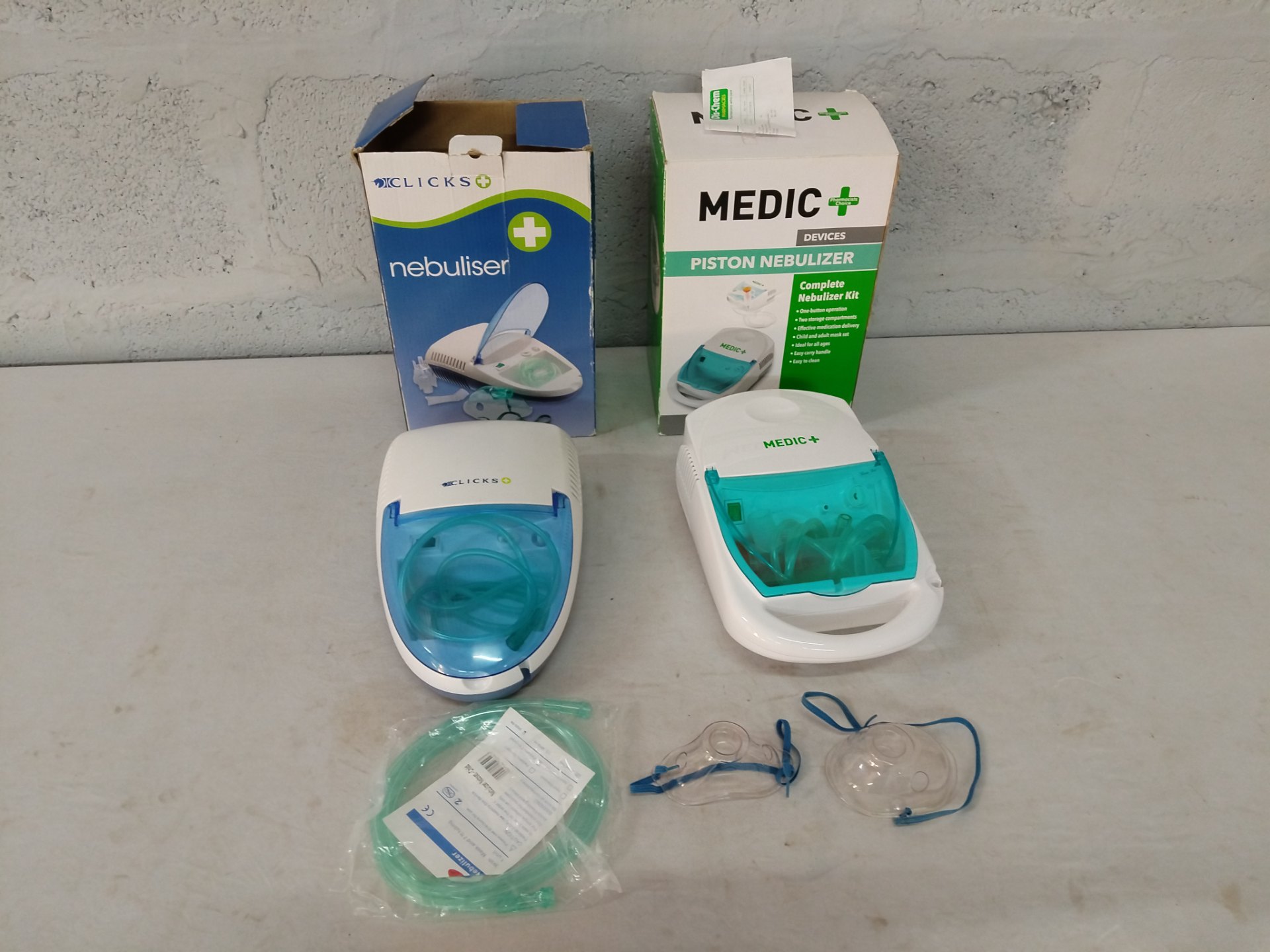 Lot: 2 x Compressor Nebulisers (Clicks + Medic) with masks, tubing & boxes – Tested & Working