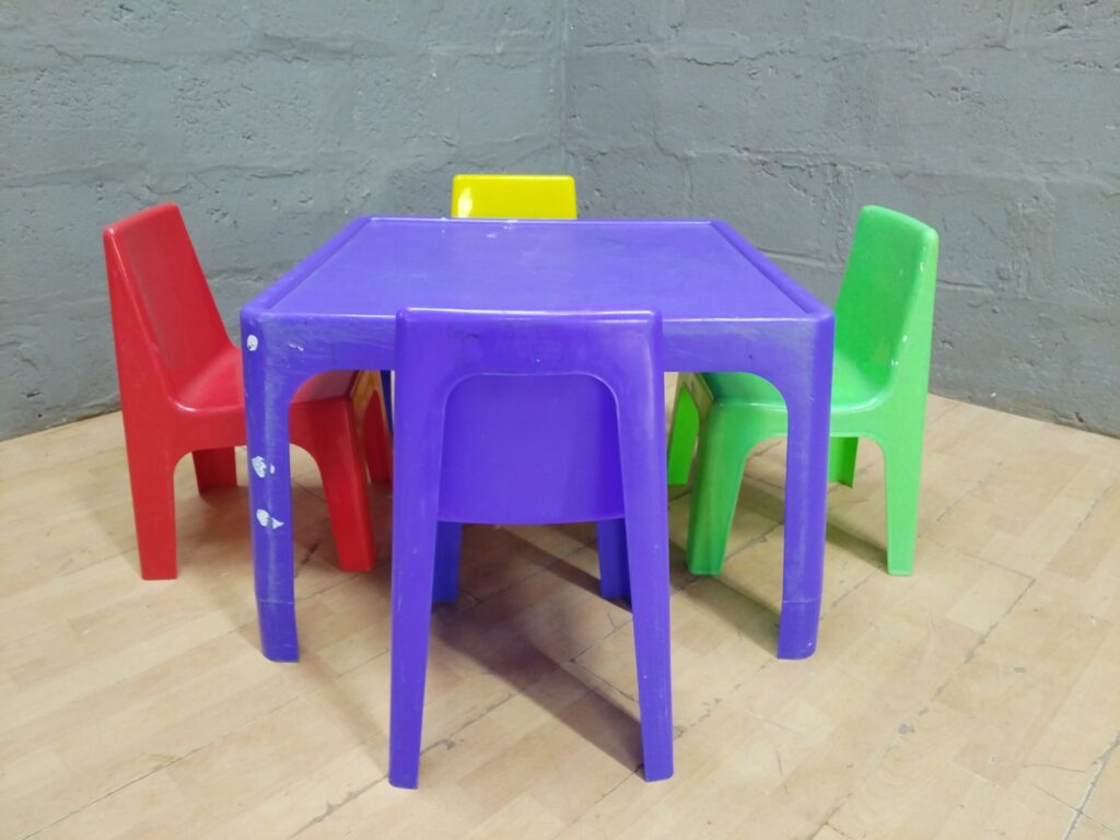 Children’s Plastic Square Table + 4 Small Plastic Chairs — Bright Colours, Used