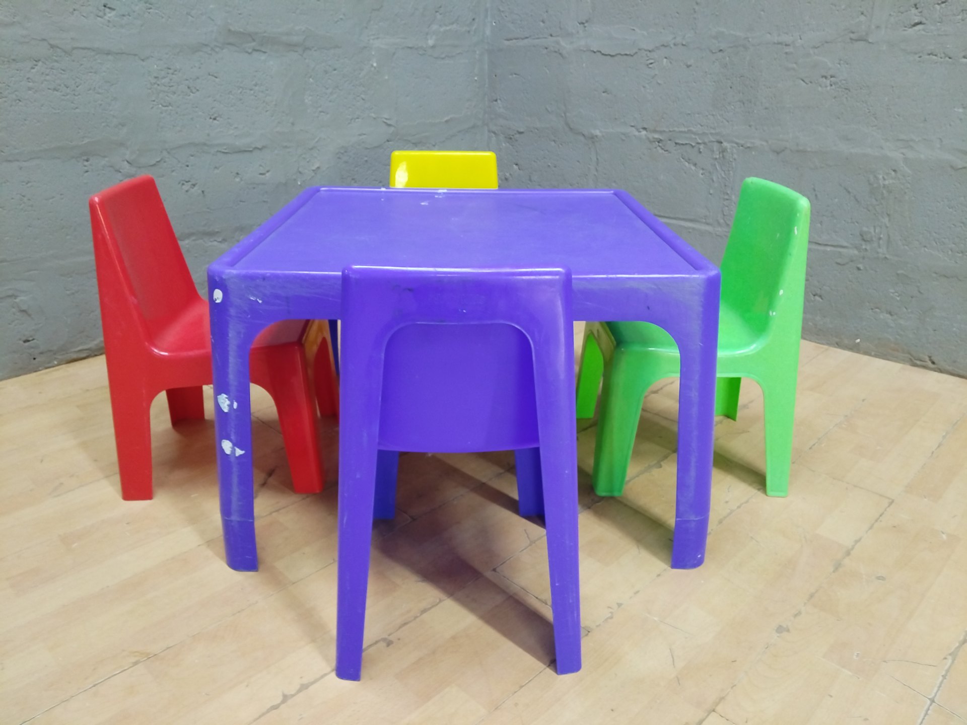 Children’s Plastic Square Table + 4 Small Plastic Chairs — Bright Colours, Used