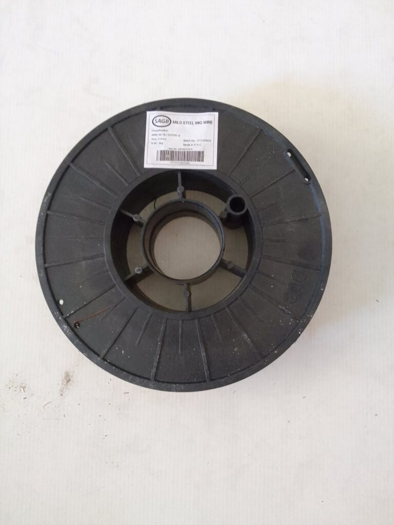 SAGB Mild Steel MIG Wire — ER70S-6 0.8 mm, 5 kg full roll (labelled) on plastic spool — new wire, spool shows wear