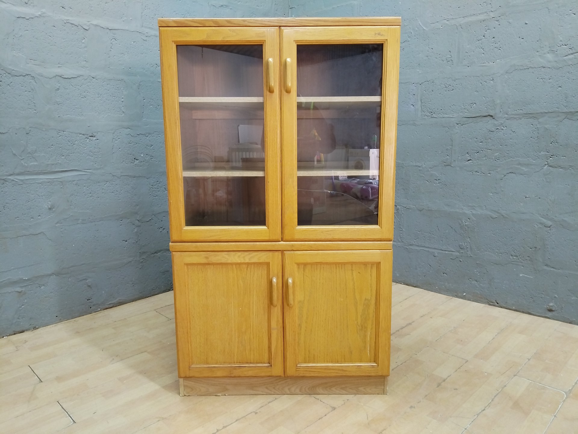 Tall Wood-Veneer Display Cabinet / Bookcase – Glazed Upper Doors (Cracked Glass)