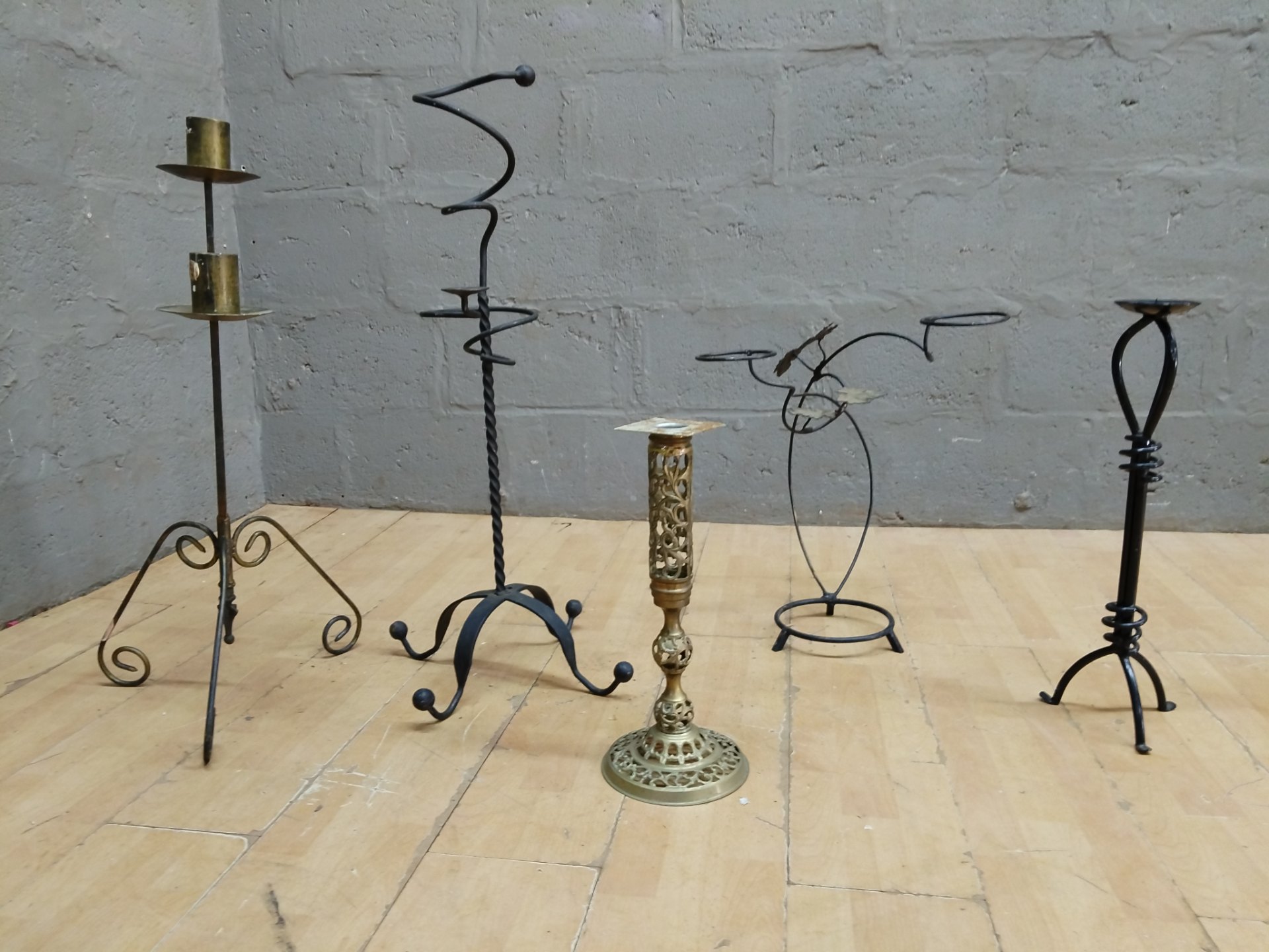 Lot of 5 Assorted Metal / Wrought‑Iron Candlesticks — Mixed decorative holders, used