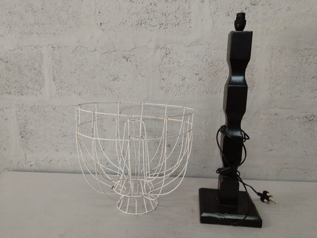 Dark Wooden Table Lamp with White Wire Shade Frame — Tested Working, Visible Wear