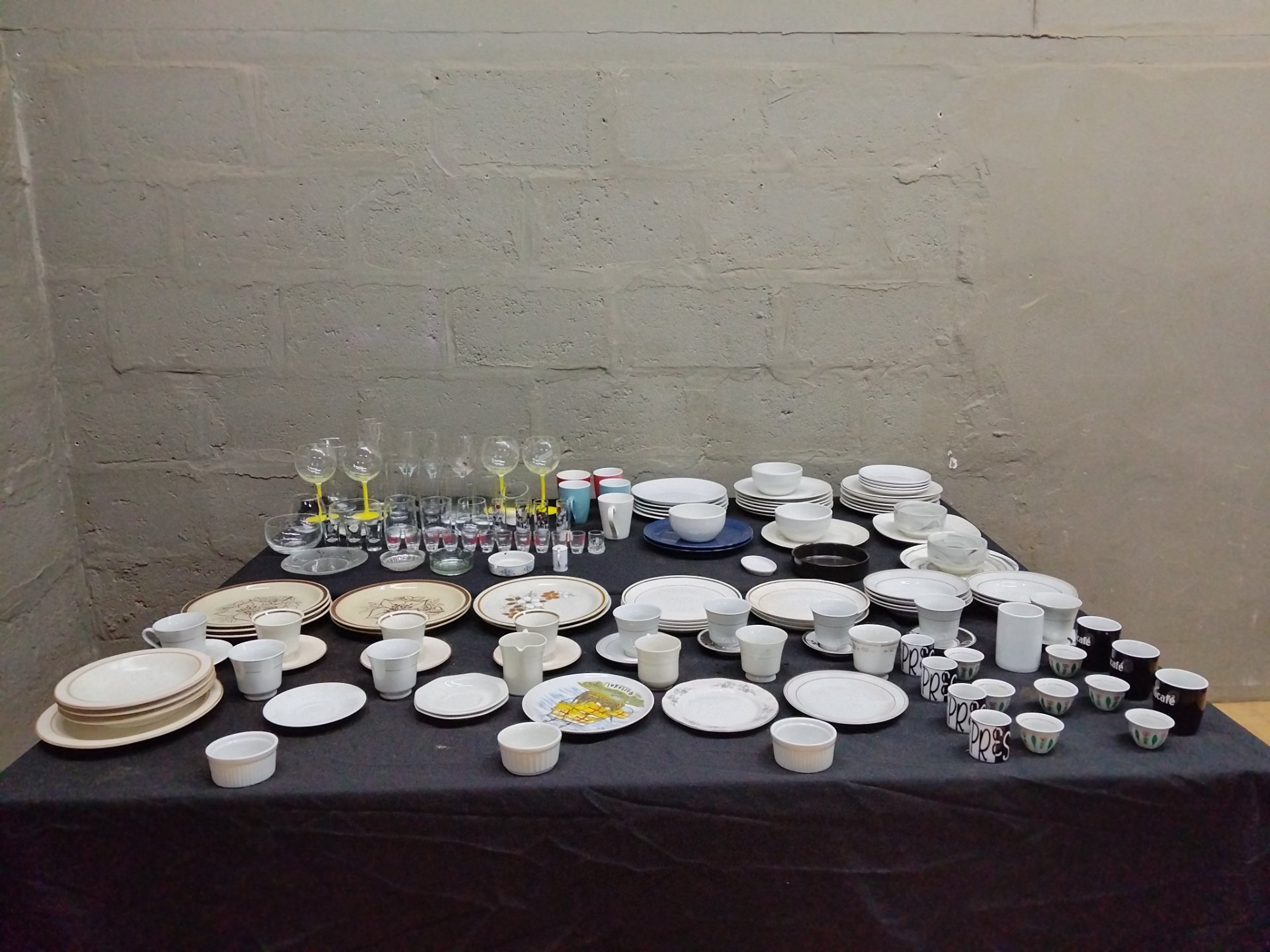 Lot of 83 Assorted Tableware & Glassware — plates, bowls, cups, saucers, wine & shot glasses
