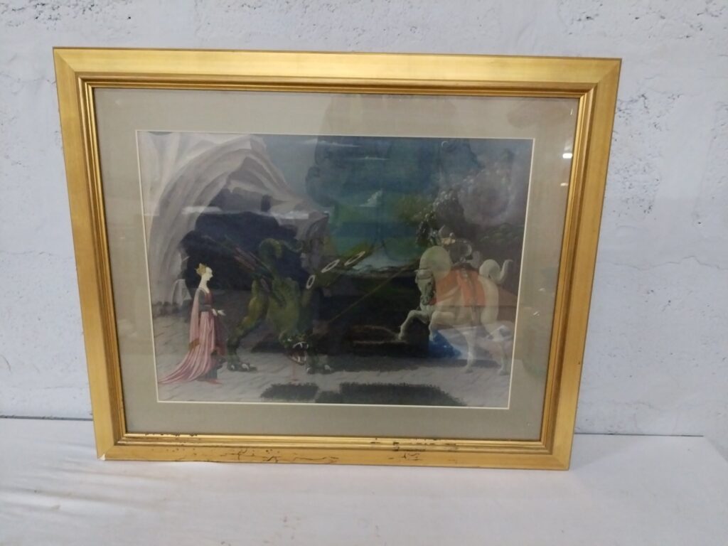 Framed artwork labelled ‘Paolo Uccello — Saint George and the Dragon’ (framed, 76 x 63 cm)