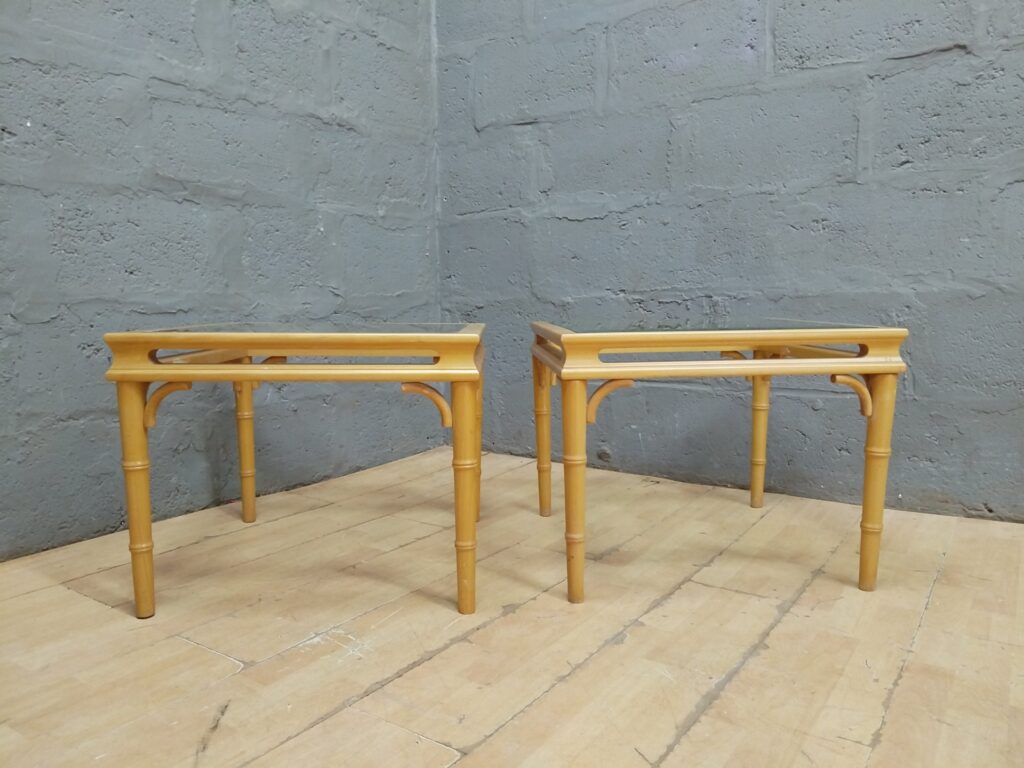 Pair of square glass‑top side tables (60 x 60cm, 48cm high) — light wood frames, removable glass