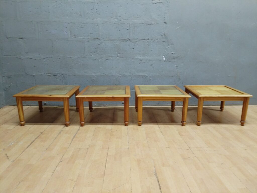 Set of 4 Low Square Wooden Side / Coffee Tables — three with glass insets, 65 x 65 x 40 cm