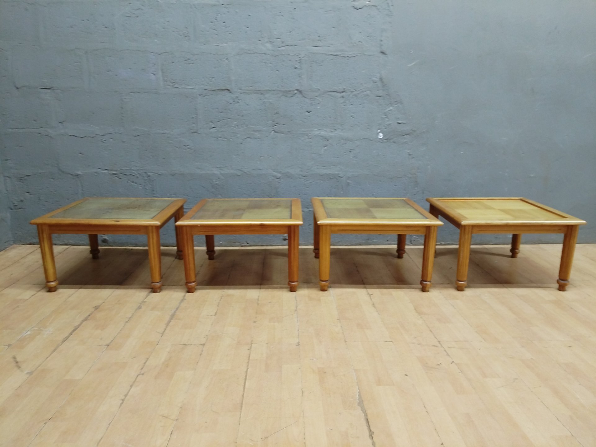 Set of 4 Low Square Wooden Side / Coffee Tables — three with glass insets, 65 x 65 x 40 cm