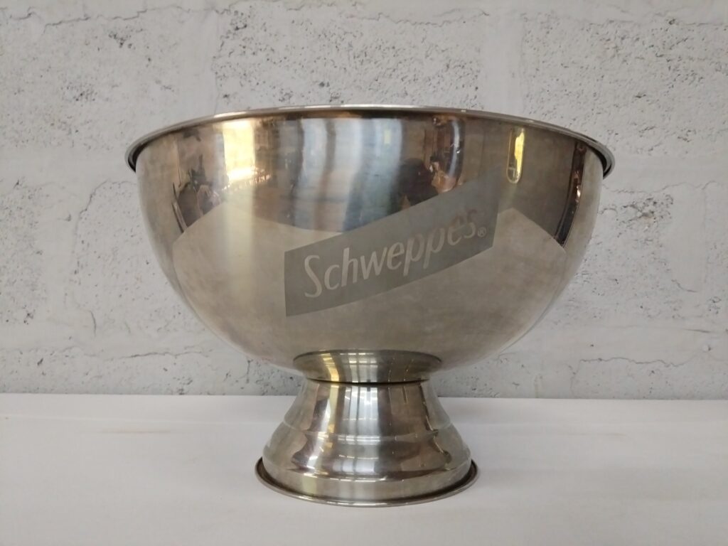 Large Schweppes Stainless‑look Promotional Punch / Ice Bowl on Pedestal (approx. 40cm x 25cm)