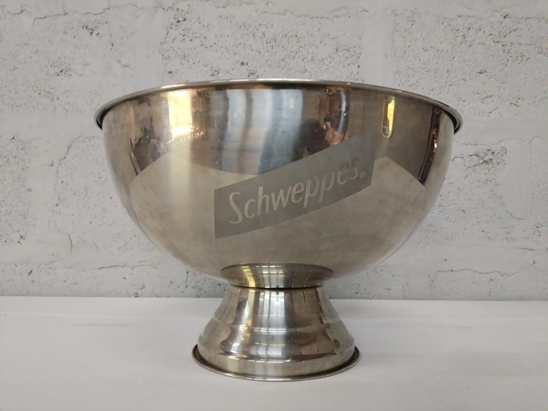 Large Schweppes Stainless‑look Promotional Punch / Ice Bowl on Pedestal (approx. 40cm x 25cm)