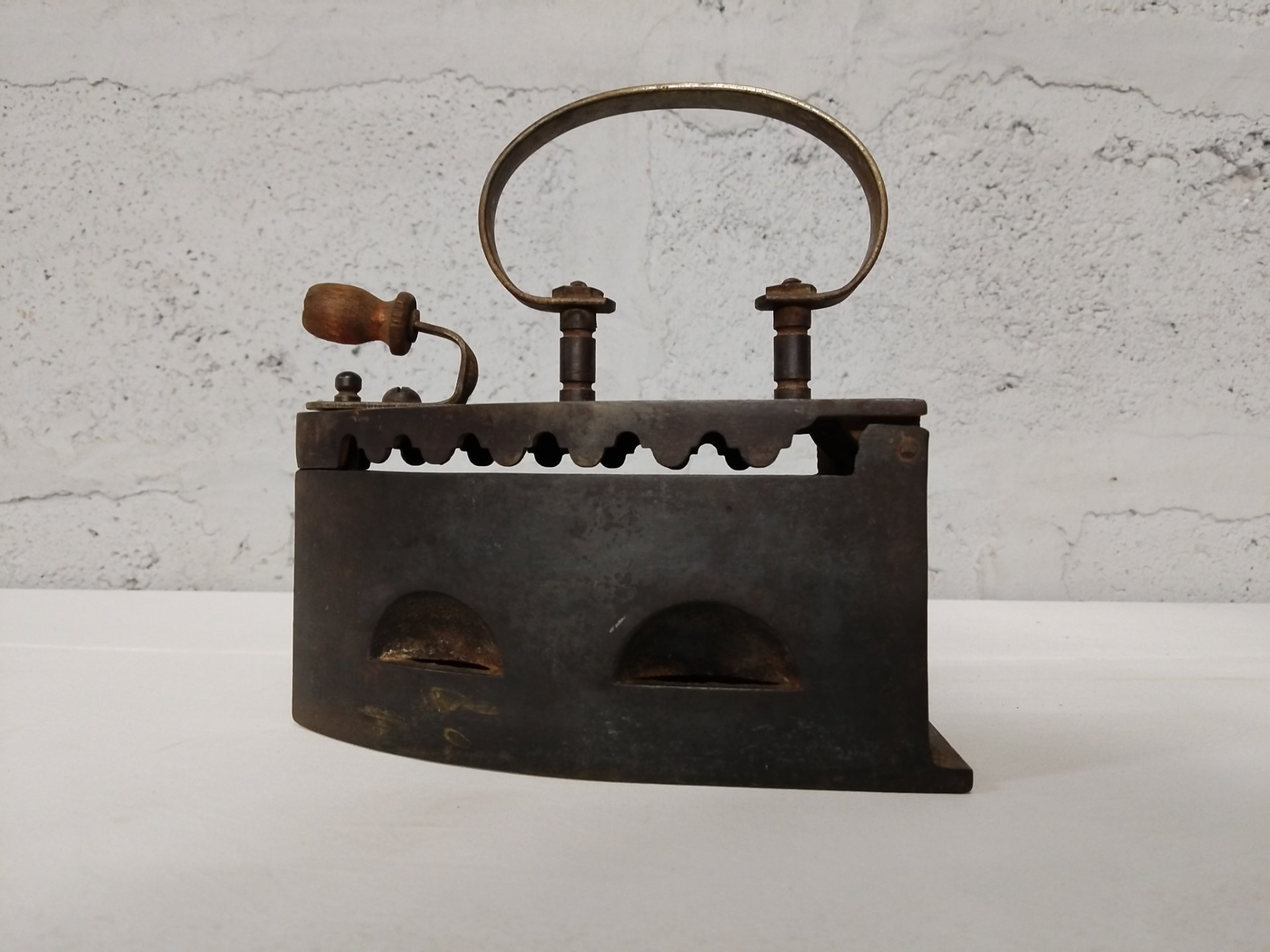 Antique Charcoal / Box Iron — Hinged Lid, Vented Base, Wooden Knob