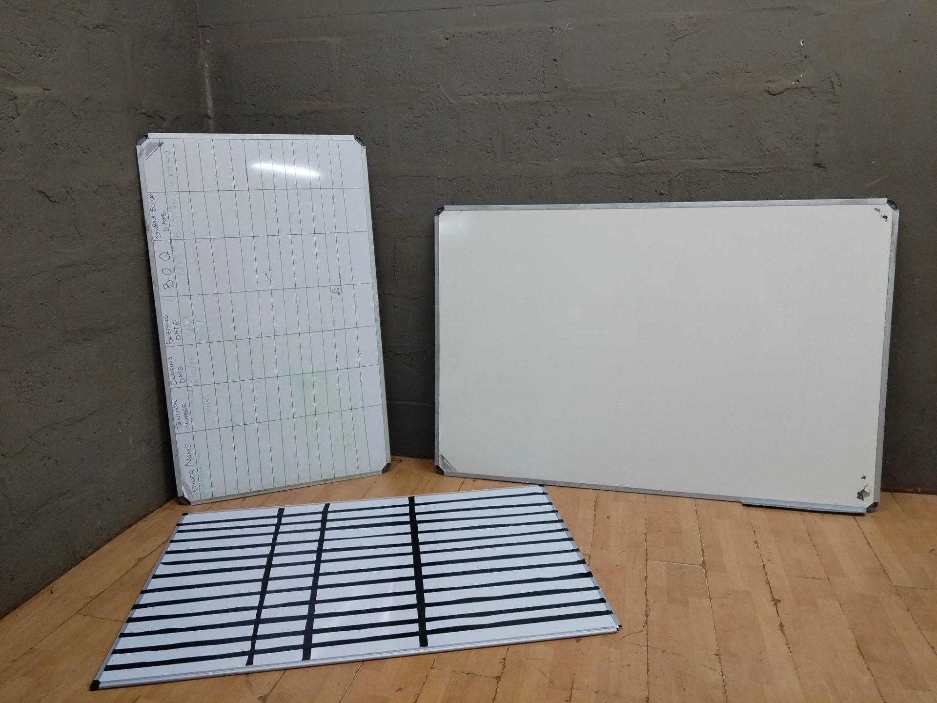 Lot of 3 Used Dry‑Erase / Planning Whiteboards – mixed sizes, written & taped surfaces