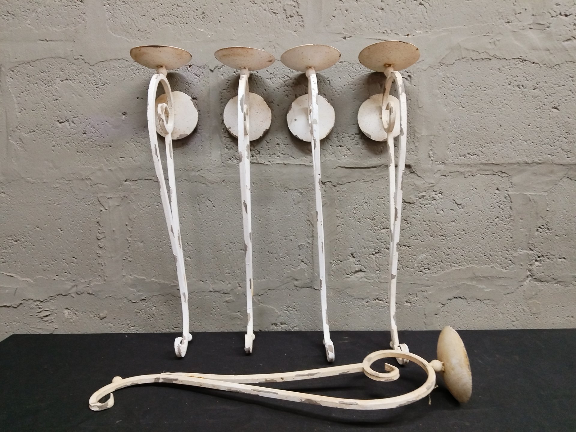 Set of 4 White Painted Metal Wall Candle Sconces – Shabby, Chipped Finish