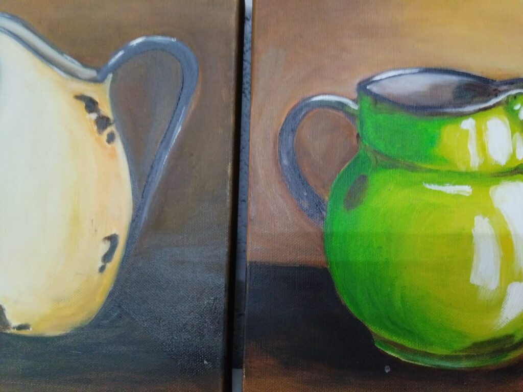 Pair of signed small still-life canvases — two jug paintings, each 31 x 23 x 4 cm (signed ‘H. Bateman’ appears)
