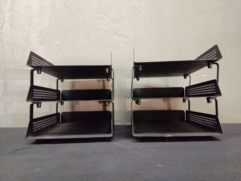Pair of black metal 3‑tier desk letter tray organisers — stackable