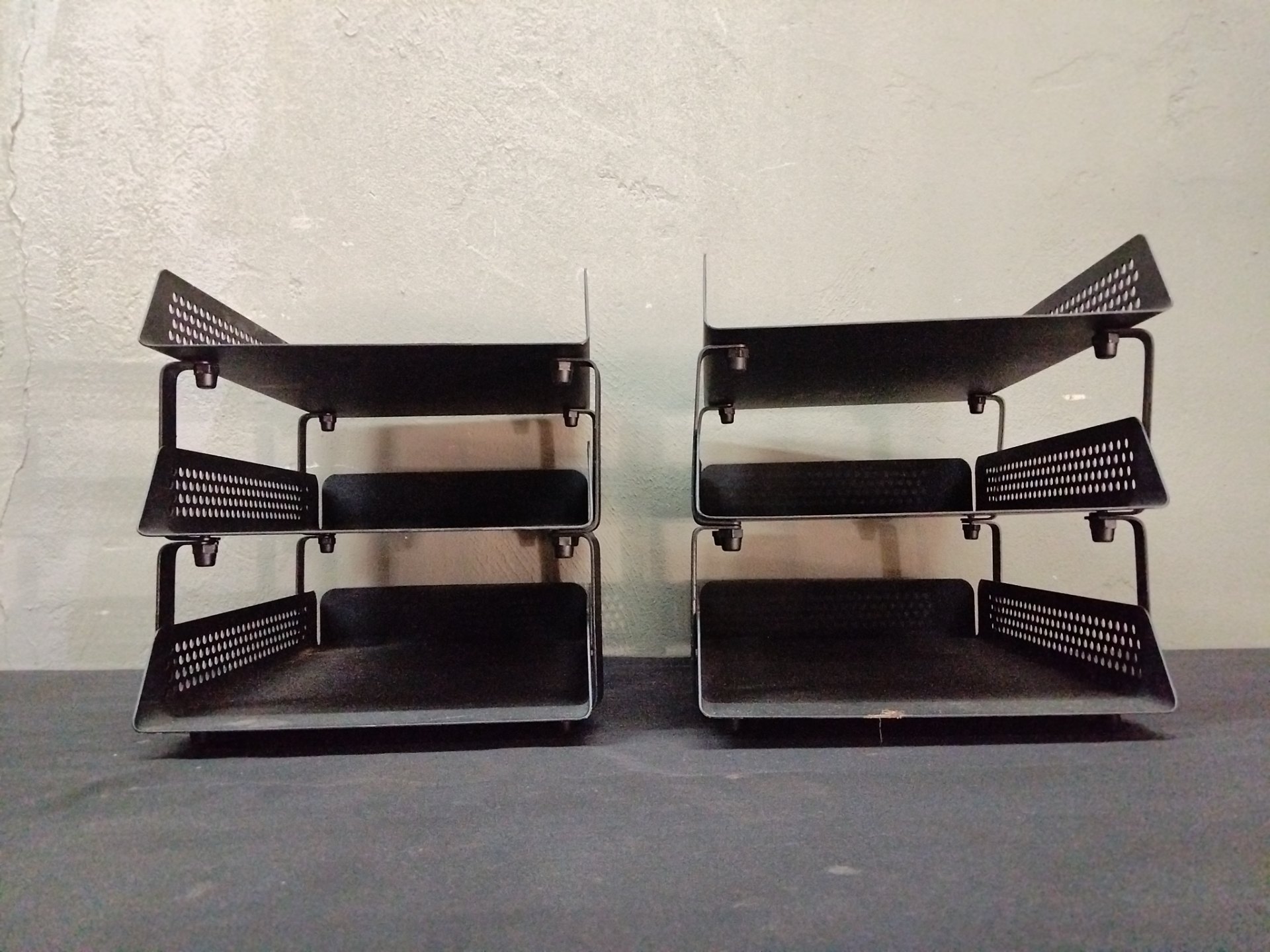 Pair of black metal 3‑tier desk letter tray organisers — stackable