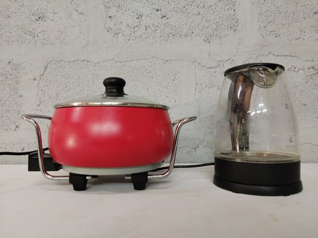 Lot: Red Electric Hot Pot + Creative Housewares Mellerware Glass Cordless Kettle (Model 22300BK) — Tested, Working