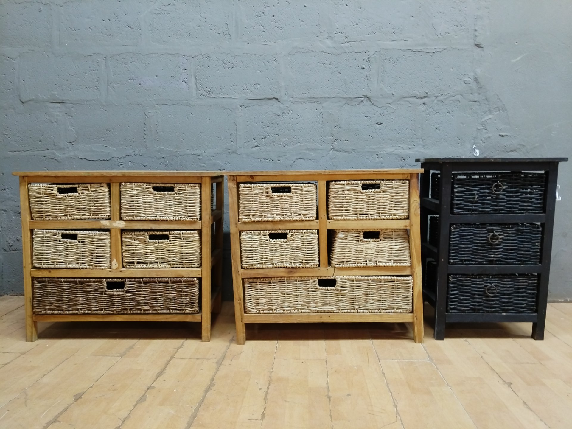 Set of 3 Wicker Storage Cabinets – two low 6-basket pine units + narrow black 3-drawer unit