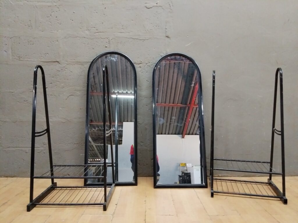 Pair of Full‑Length Arched Mirrors on Black Metal A‑Frame Stands with Wire Shelves (2 sets)