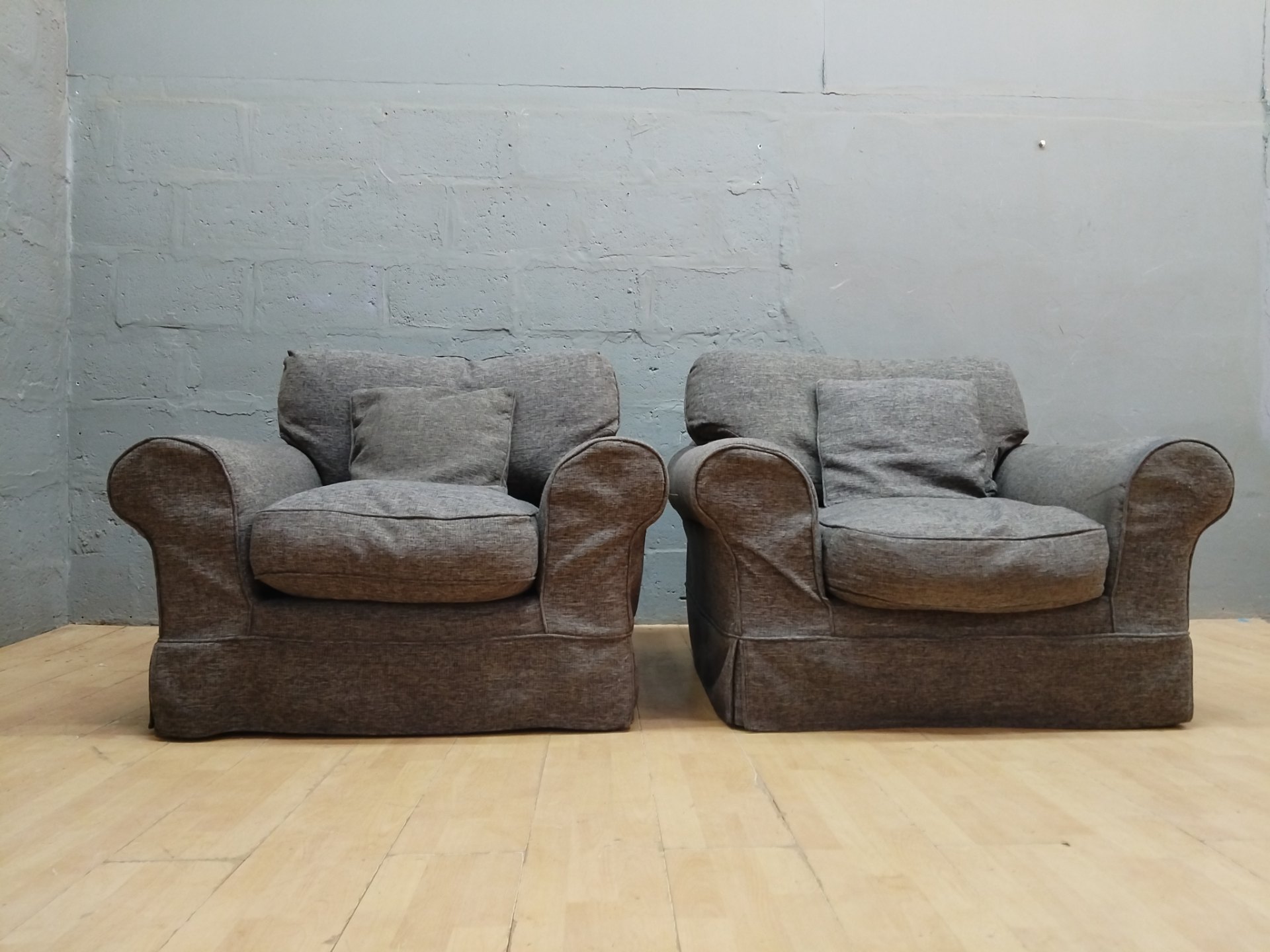 Pair of Grey Fabric Armchairs — Matching Comfortable Club Chairs (2)
