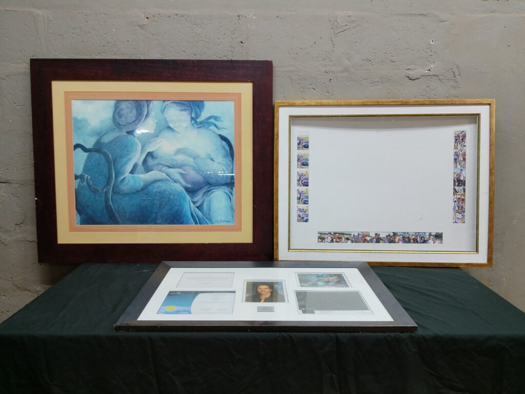 Lot of 3 Framed Wall Art – Signed ‘S. Bierman’ Blue Piece + Two Framed Matt Collages