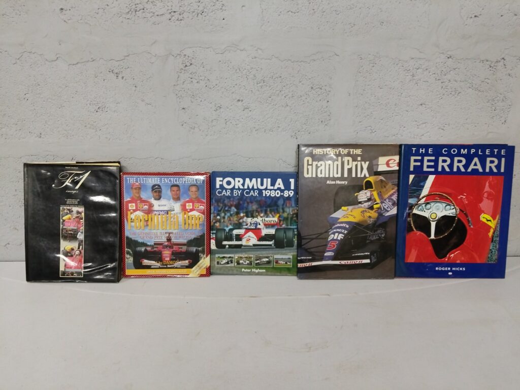 Lot of 5 Hardcover Motorsport Books — F1 Images, Formula One Encyclopedia, Formula 1 Car by Car 1980-89, History of the Grand Prix, The Complete Ferrari