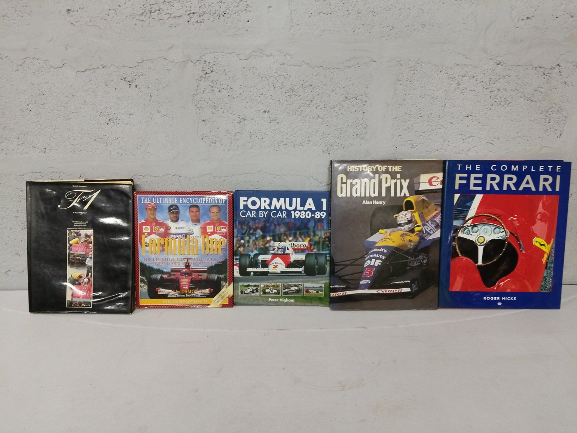 Lot of 5 Hardcover Motorsport Books — F1 Images, Formula One Encyclopedia, Formula 1 Car by Car 1980-89, History of the Grand Prix, The Complete Ferrari