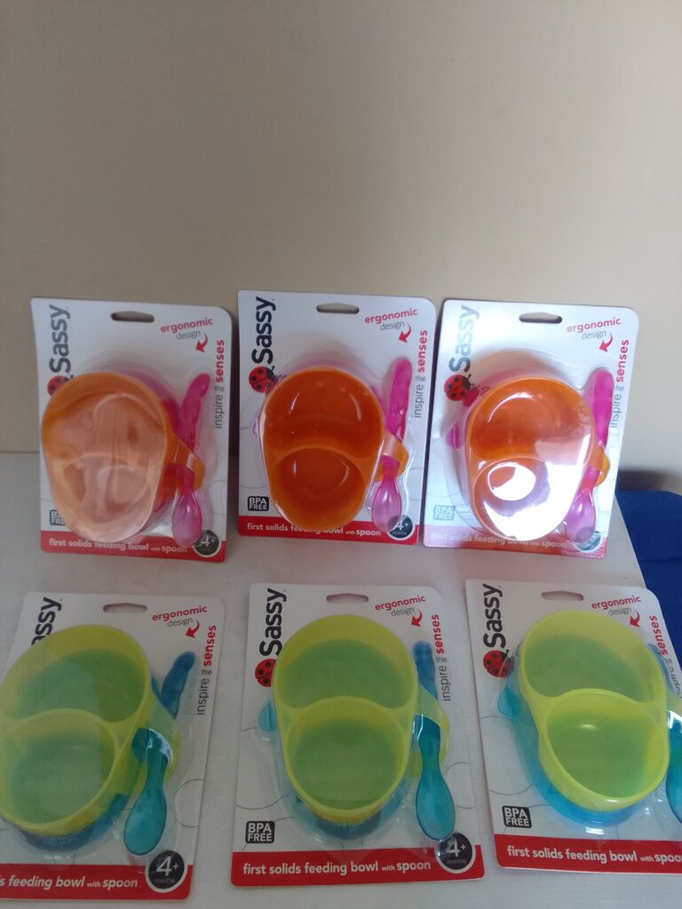 6 x Sassy “First Solids” Baby Feeding Bowl + Spoon Sets — Brand New Sealed (Mixed colours)