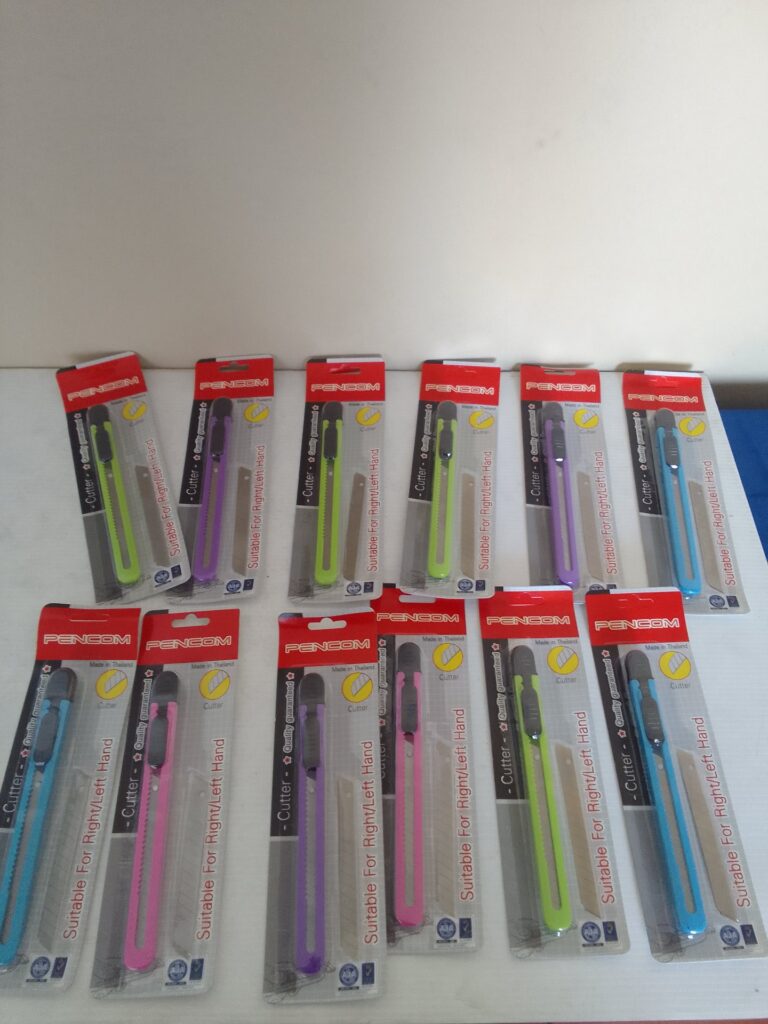 Lot of 12 PENCOM Retractable Utility Cutters — New, Sealed Blister Packs (Assorted Colours)