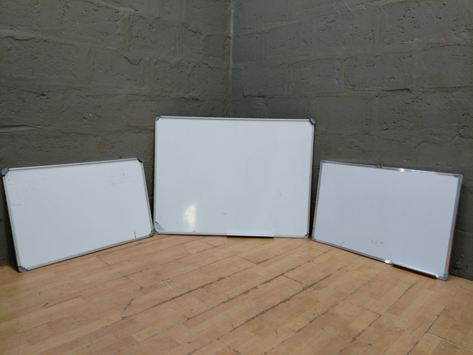 Lot of 3 Office Whiteboards — Aluminium Frames, Plastic Corner Caps, Marker Tray (used)