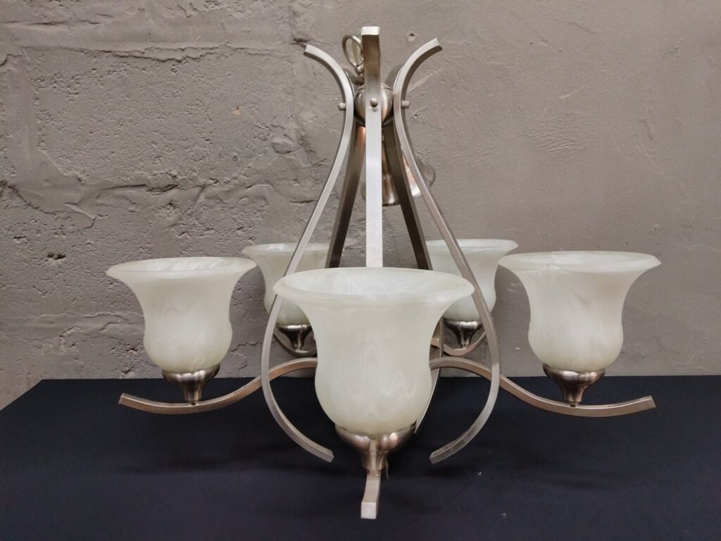 5‑arm ceiling chandelier — satin‑nickel finish with 5 frosted swirl glass shades (The Lighting Warehouse Item No.14842)