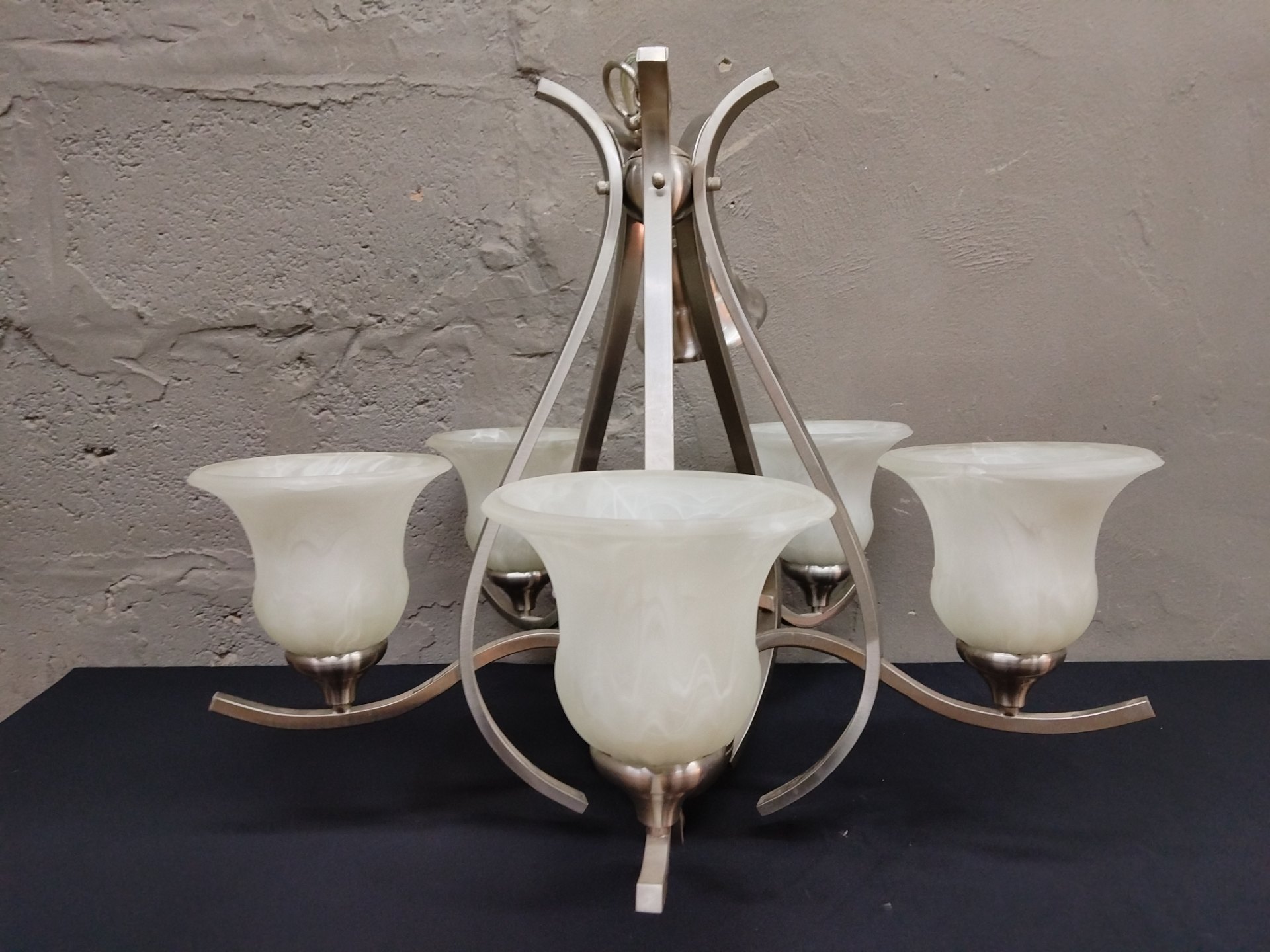 5‑arm ceiling chandelier — satin‑nickel finish with 5 frosted swirl glass shades (The Lighting Warehouse Item No.14842)