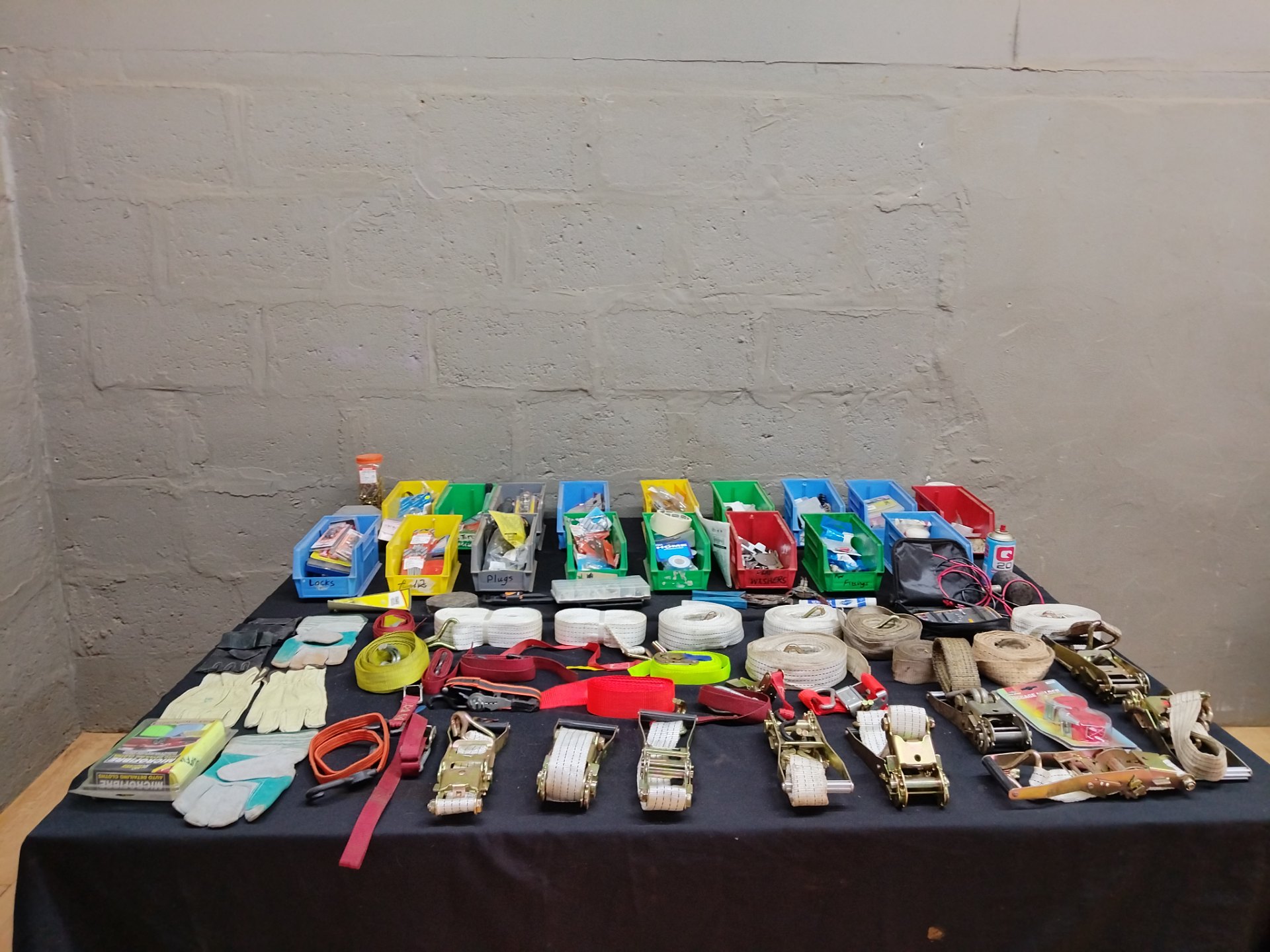 Bulk lot ~50pcs — Ratchet straps, tie-downs, hardware bins, gloves & tested multimeter