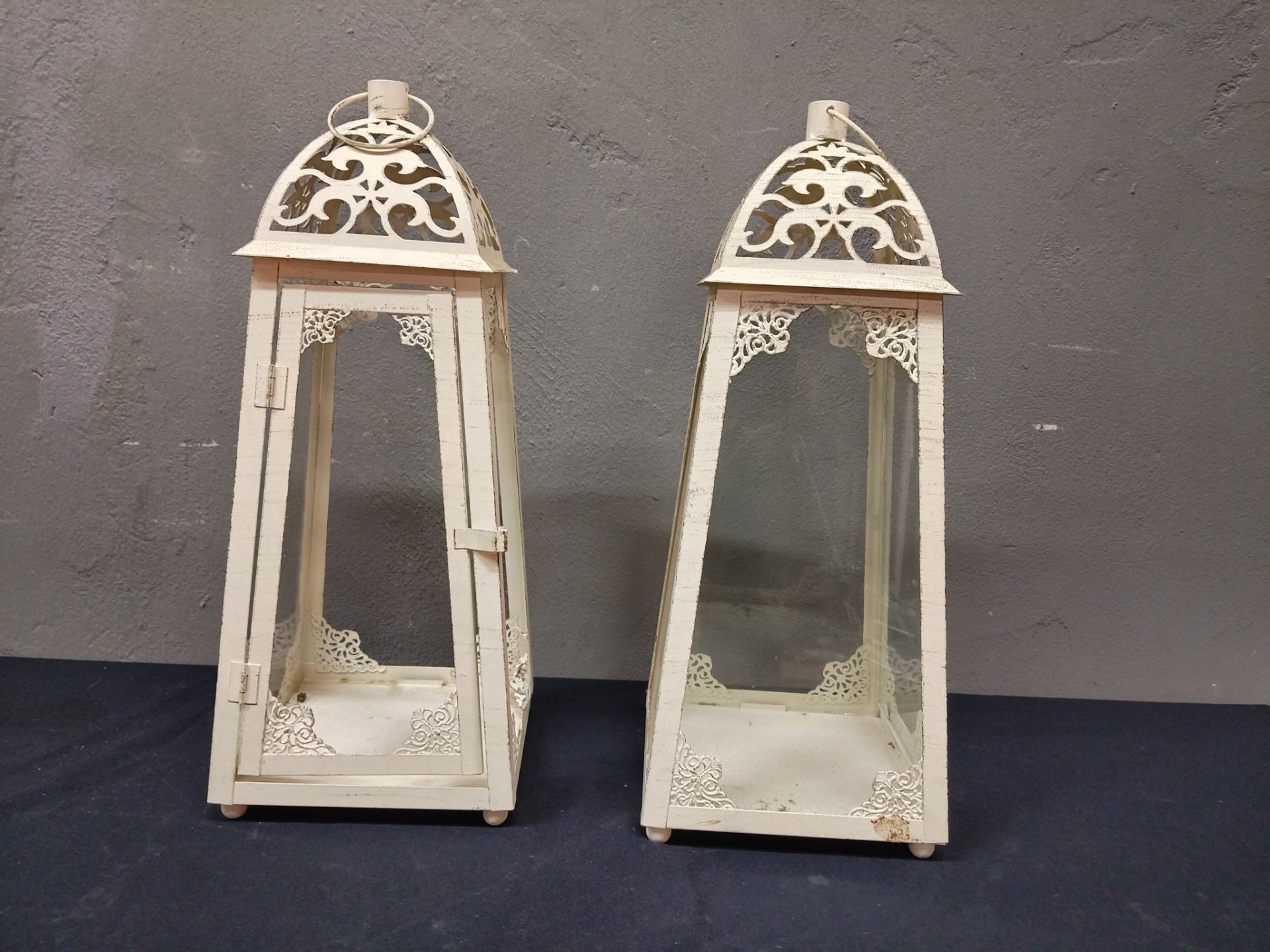 Pair of Tall Cream Metal Filigree Lanterns — Distressed Decorative Set