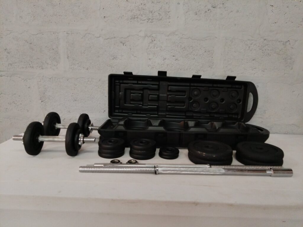 Adjustable dumbbell/barbell set with carry case — HS-marked plates, bars & spin-lock collars — 17 pieces (used)