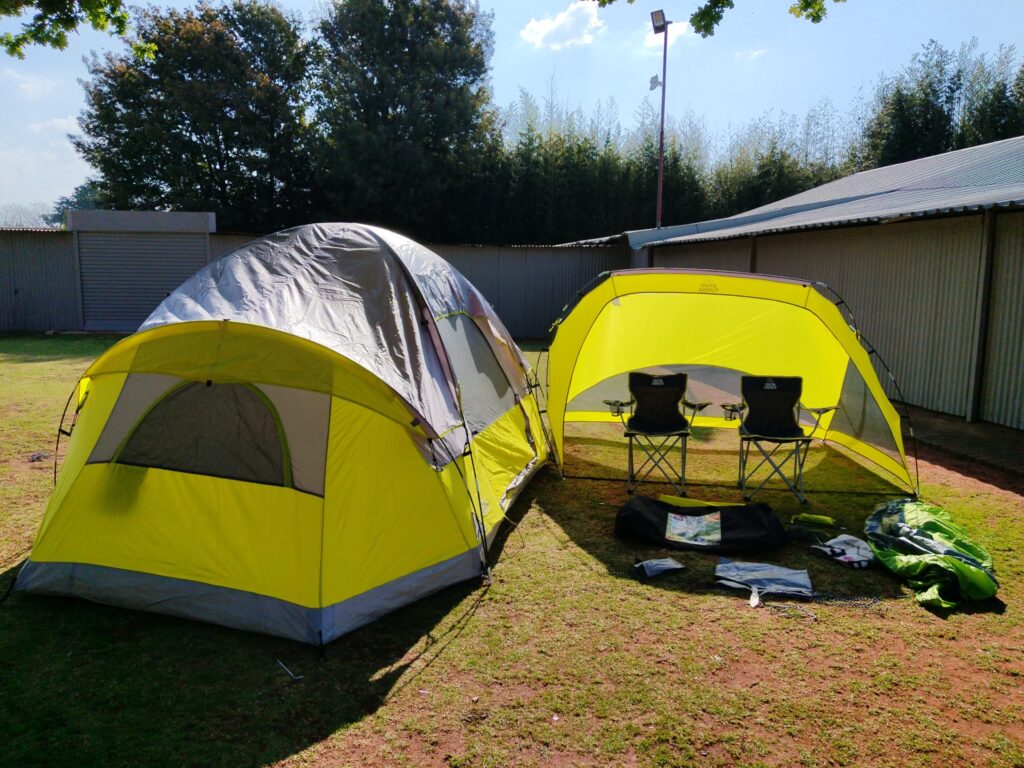 Family Camping Tent + Out & About Awning, 2 Chairs & Full Accessories — 260 x 420 x 170cm