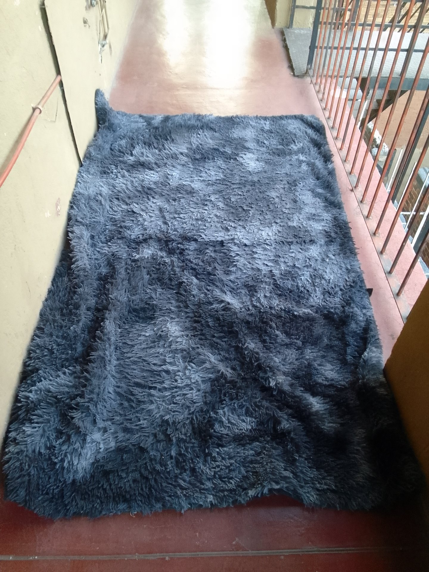 Large Dark Grey-Blue Shaggy Pile Rug – Plush Used Rug with Creasing & Flattened Areas