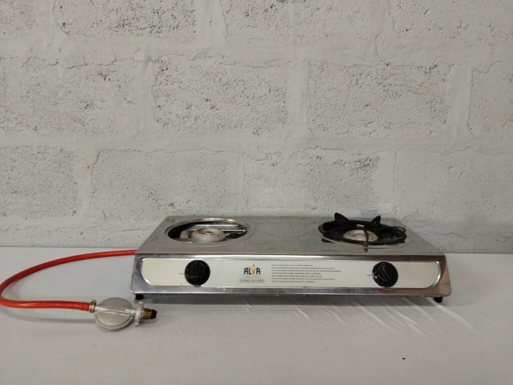 ALVA 2‑Burner Portable Gas Cooker with Hose & Regulator — Stainless Top, Used