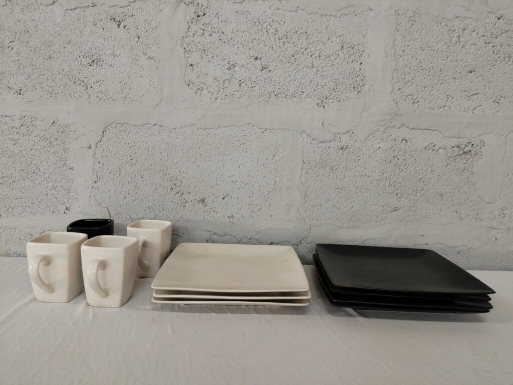 Lot of 12 Square Ceramic Plates & Mugs — White & Black, Used (staining & glaze crazing)
