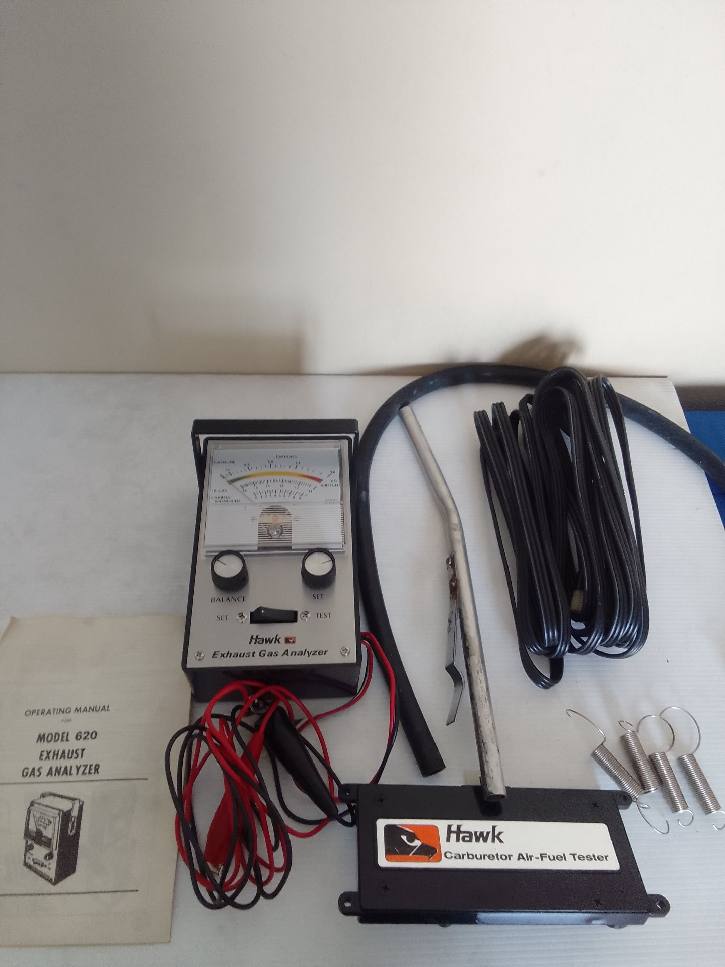 Hawk Model 620 Exhaust Gas Analyzer + Hawk Carburettor Air‑Fuel Tester kit (manual, probe, leads) — Untested