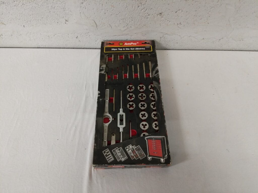 AmPro 39pc Metric Tap & Die Set (tray) — taps, dies, tap/die handles, used, surface rust, untested