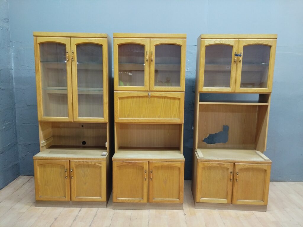 Set of 3 Tall Glass-Front Display / Hutch Cabinets – used, glass shelves, one unit damaged