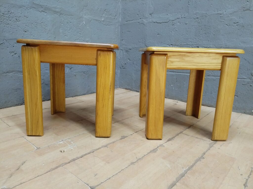 Pair of Solid Wood Stools / Side Tables — 50 x 50 x 51 cm (each) — Varnished, Nesting Style