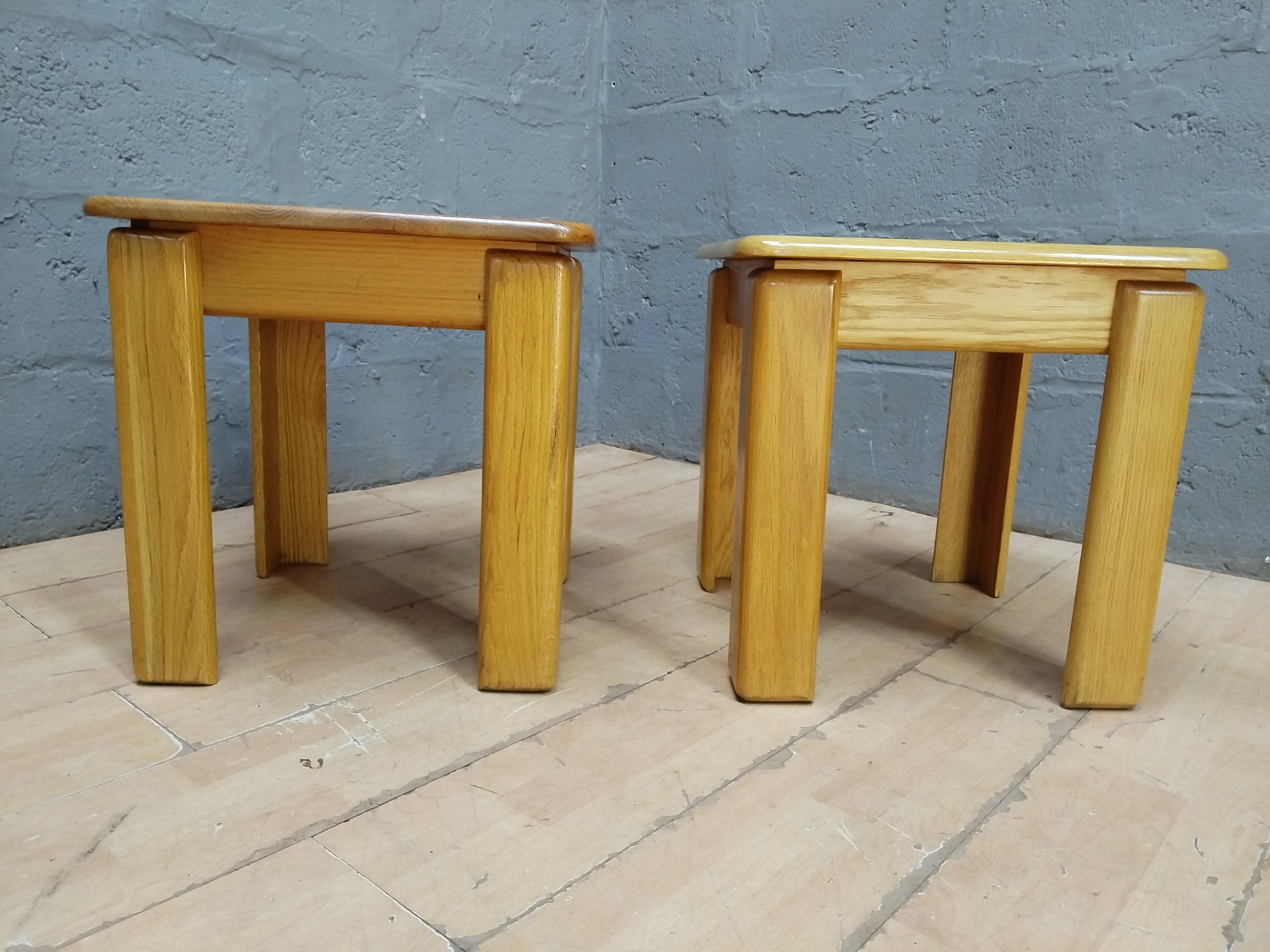 Pair of Solid Wood Stools / Side Tables — 50 x 50 x 51 cm (each) — Varnished, Nesting Style