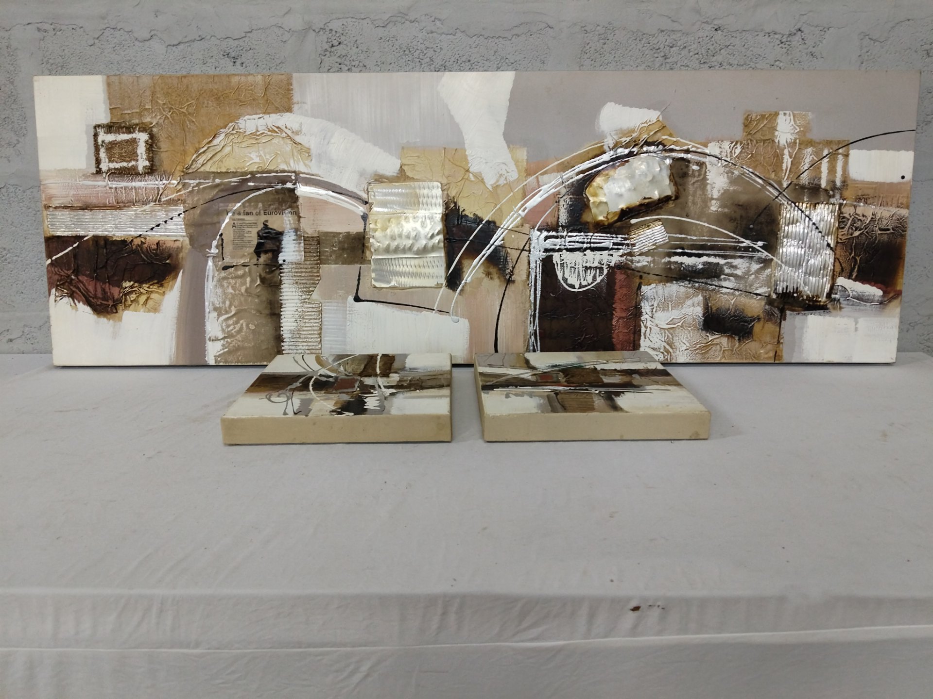 Three-piece abstract mixed-media canvas wall art set — textured metallic appliqués, ready to hang
