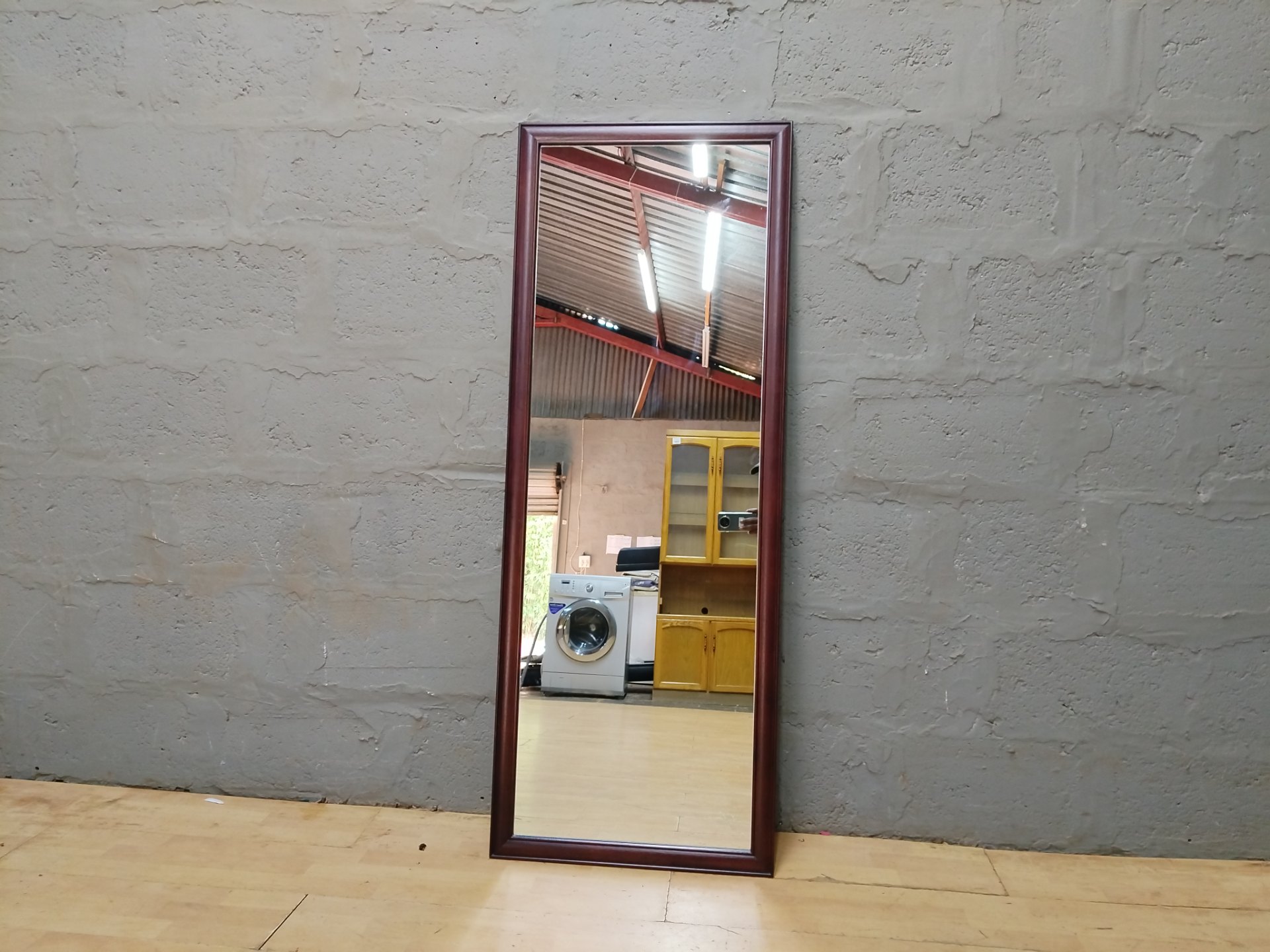 Full‑length wooden framed mirror — 160 x 60 cm, wall hangers, glass intact, minor frame chip
