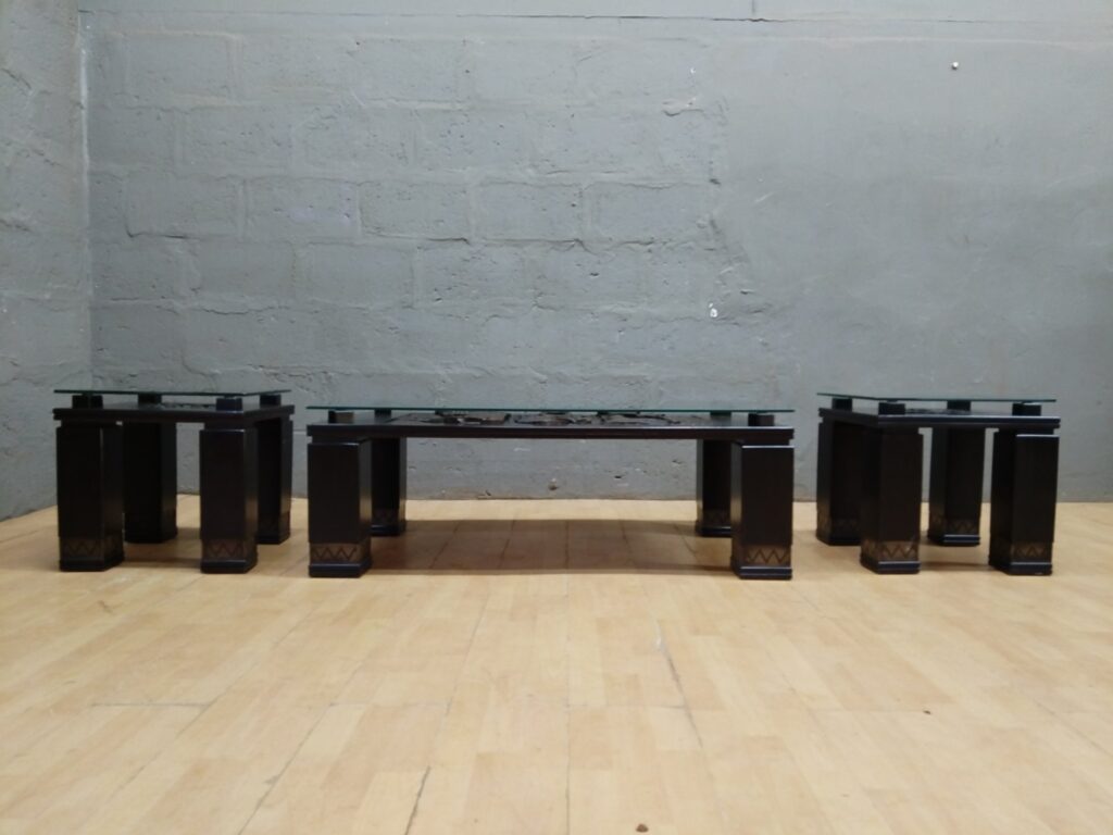 Low coffee table set with carved panels under glass — 3-piece set (1 large + 2 side tables)