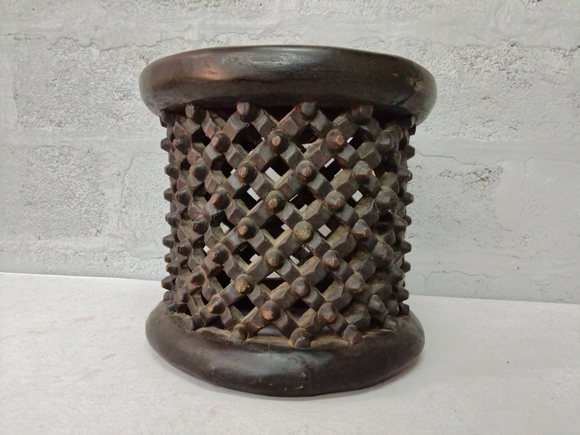 Hand‑carved Wooden Lattice Stool / Small Side Table — Knob‑motif, Dark Patina, 40cm H