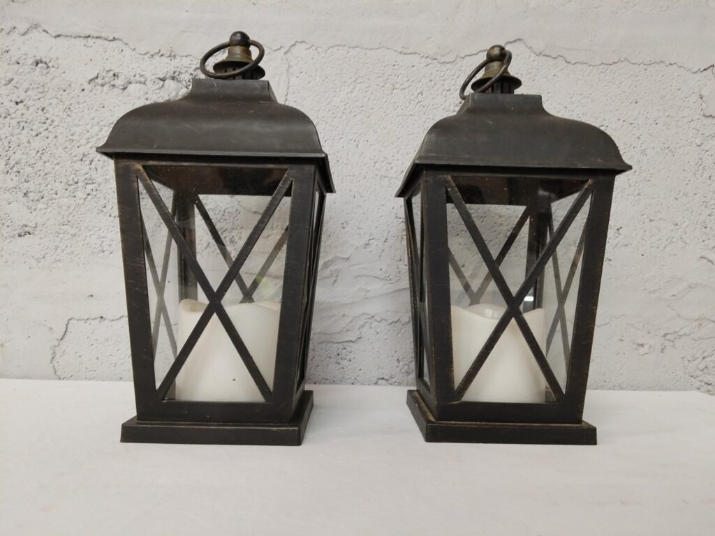 Pair of Metal Decorative Lanterns with Battery LED Pillar Candles — Working